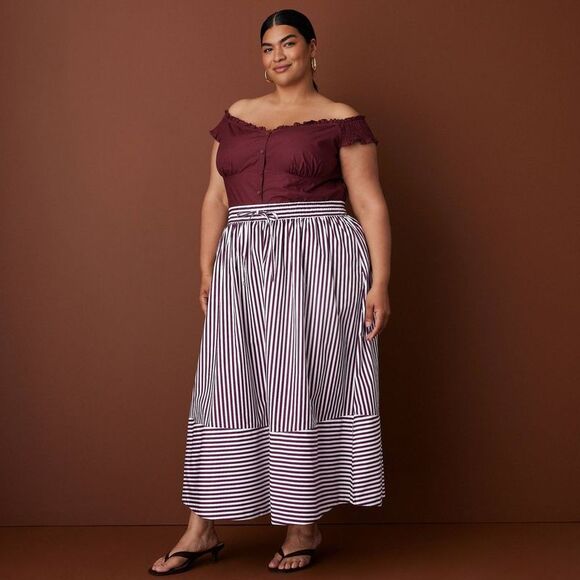 Rosie Assoulin Pants - Women's Drawstring Poplin Striped Full Midi Skirt - Rosie Assoulin Burgundy 2X